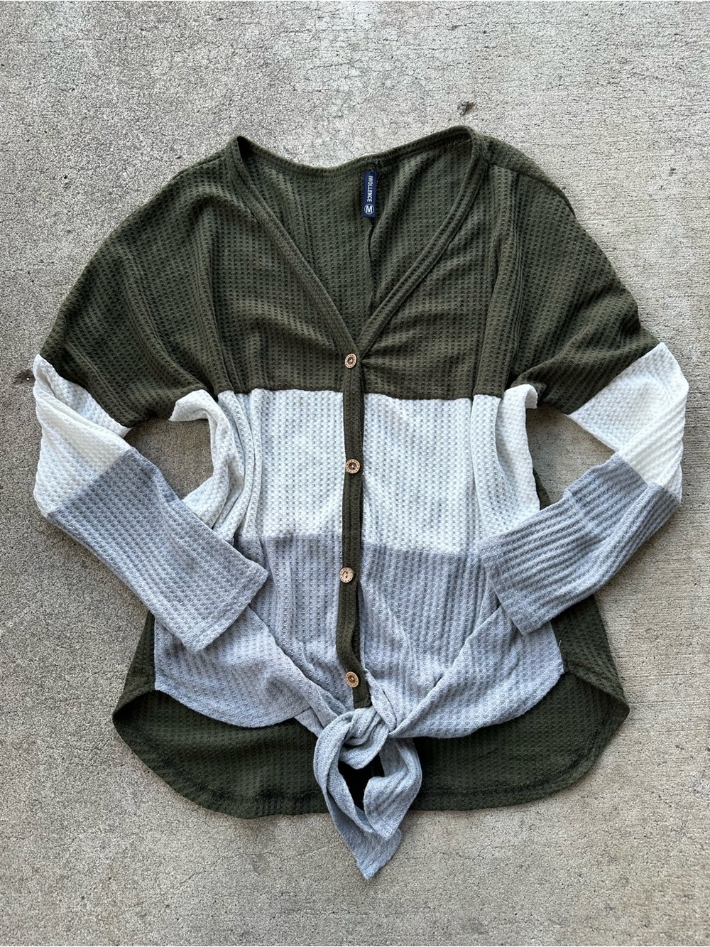 Iwollence Green Waffle Knit Button Tie Front Sweater Size M